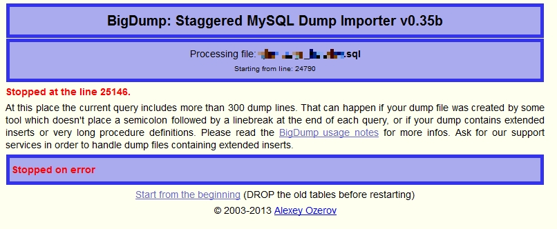 Stopped at the line. At this place the current query includes more then 300 dump lines.